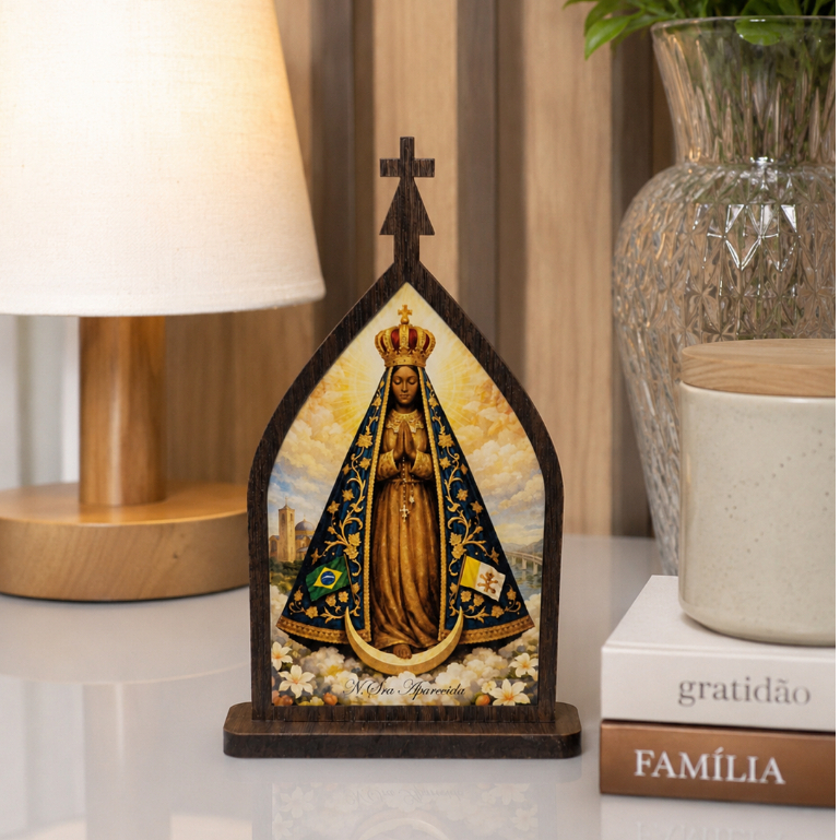 Oratório Capela Nsa Aparecida 15cm MDF e Imagem Resinada | Decoração Casa Presente Católico Religioso Fé Proteção