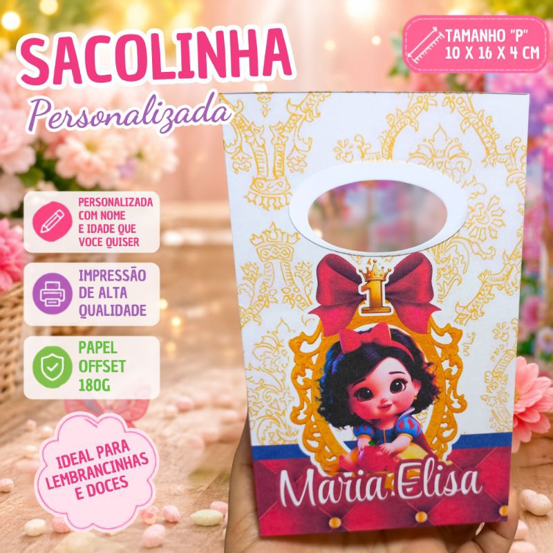 Sacolinha Branca de Neve Personalizada com Nome e Idade | Lembrancinha Luxo Festa Infantil Princesa Disney 10x16x4 cm