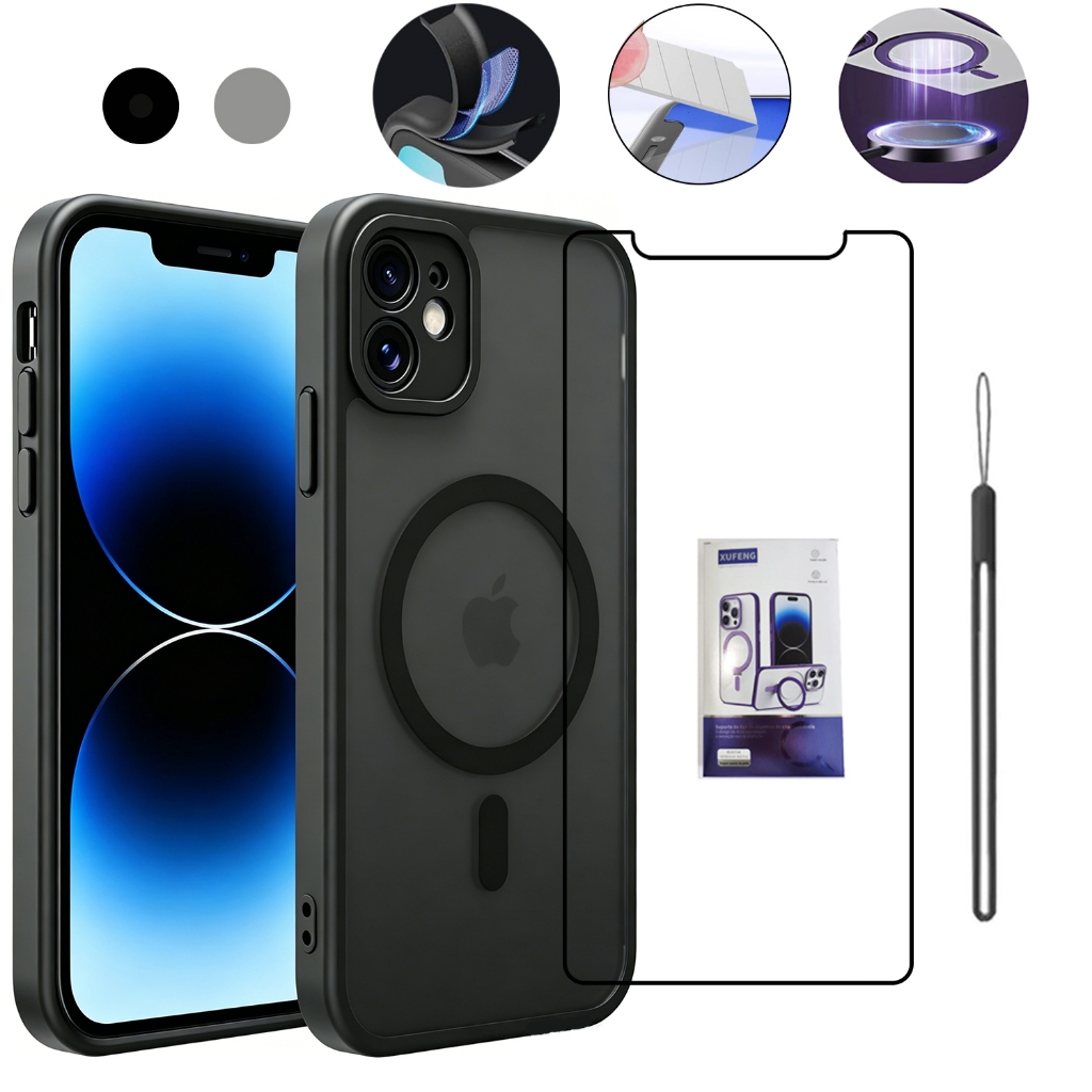 Capa Capinha Case Magnética MagSafe para iPhone 11 12 13 14 15 16 17 + Películ + pelicula camera Fosca Proteção Completa