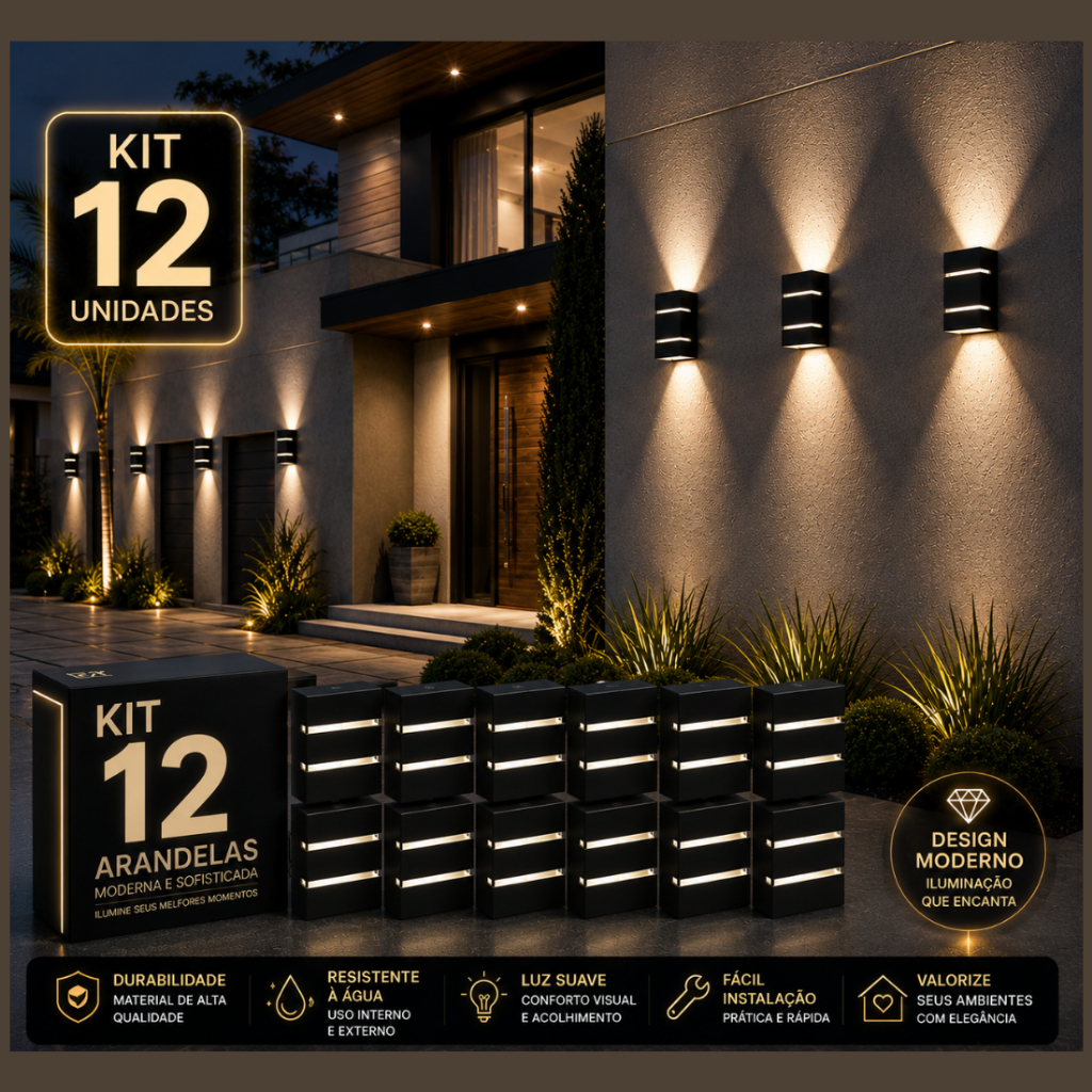 Arandela de Parede Luminária Interna Externa bivolt 110/220V Decoração Parede Muro Kit 12 unidades