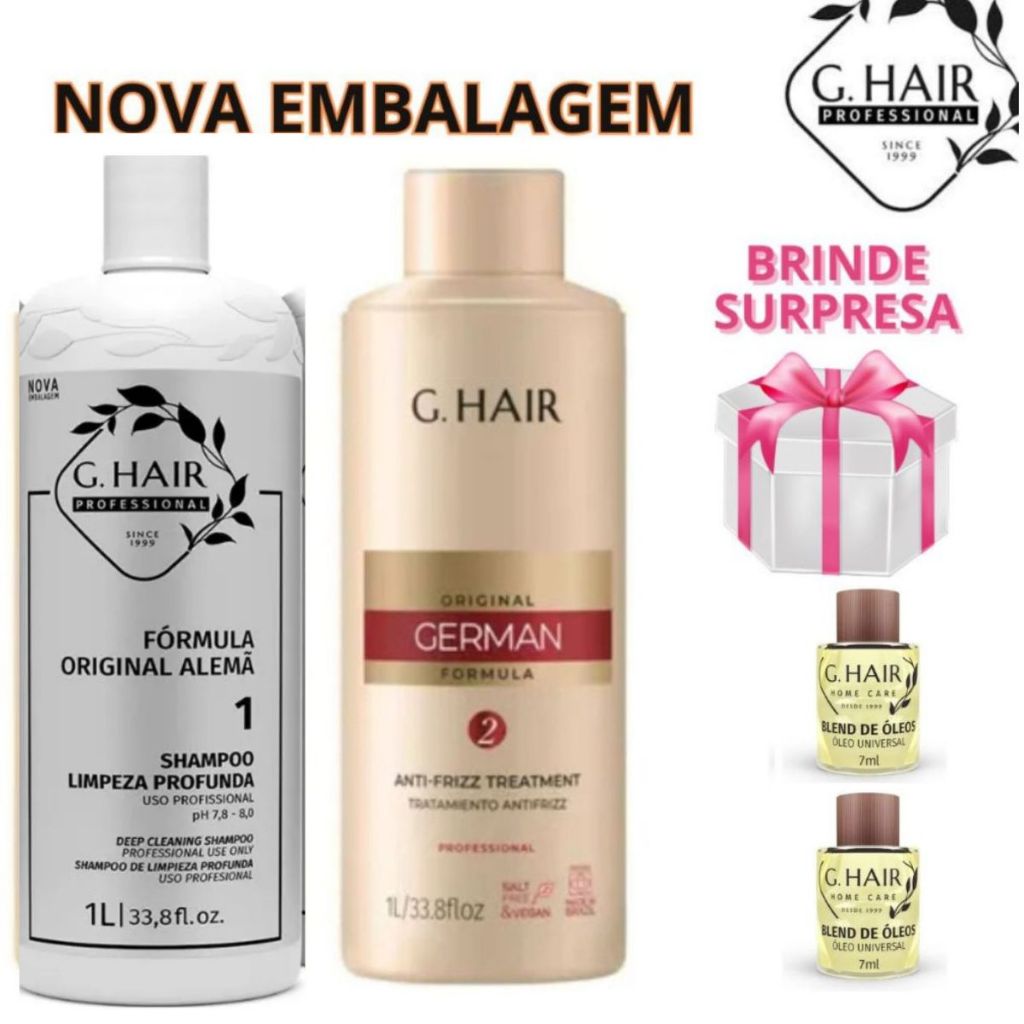 Ghair - Kit Escova Progressiva Alemã Liso Extremo, Alisamento Shampoo PASSO 1 + Progressiva Anti-Frizz PASSO 2 1L