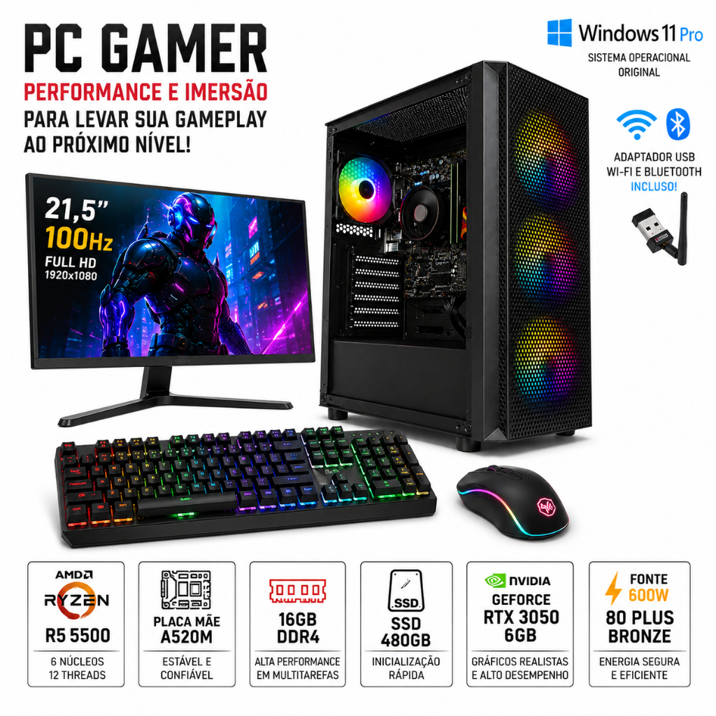 PC GAMER COMPLETO GORT R5 5500/16GB RAM/SSD 480GB/RTX 3050 6GB/MONITOR 21,5 100H