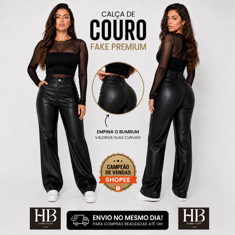 Calça Feminina Couro PU Sintético Wide Leg Pantalona com Bolso Zíper Botão Cintura Alta Moda Gringa Blogueira Inverno!!