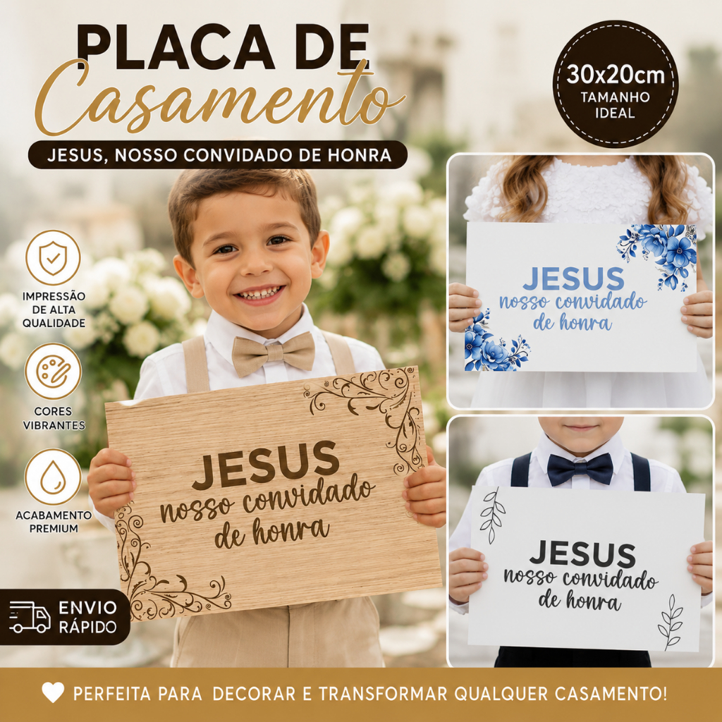 Placa de Casamento Jesus Nosso Convidado de Honra -  Decoração Cerimônia Pajem Dama Evangélico Católico - Envio Imediato