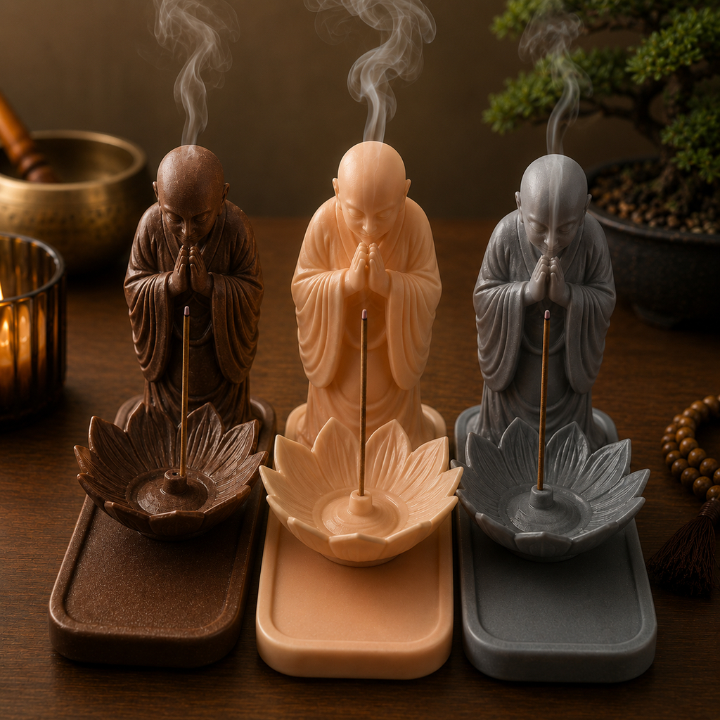 Imagem Porta Incenso Incensário Monge Decoração Zen Yoga Meditação Aromaterapia Cascata Fumaça Cores Kit