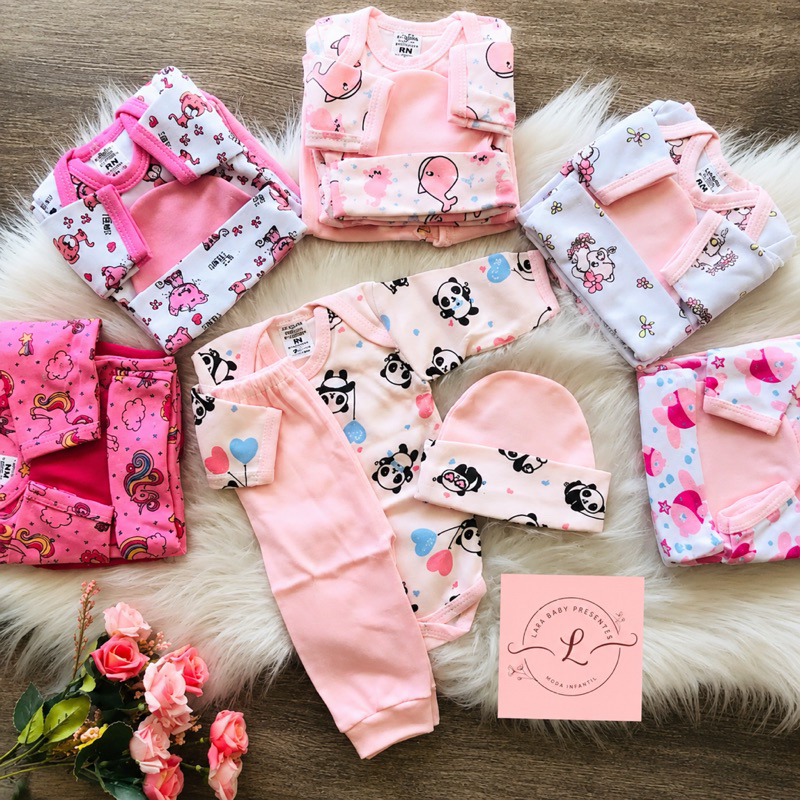 kit 16 peças de roupa bebe menina RN a G  4 body longo 4 calça 4 touca 4 meia roupa bebê feminina