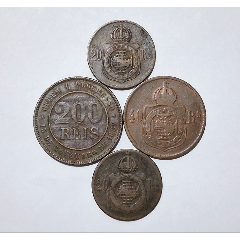 Moedas 200 réis de 1898 - 40 réis de 1879 - 2x 20 réis de 1869.