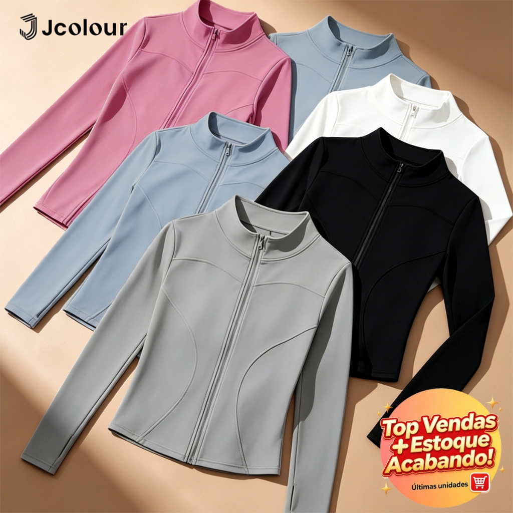 Jcolour Blusa Manga Longa Feminina Fitness  Modeladora Zíper Gola Alta Yoga Esportivo Proteção UV
