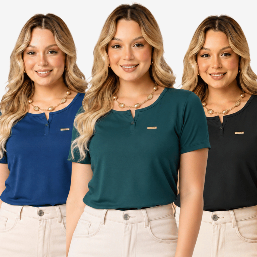 Blusa Feminina Estilosa Manga Curta Gola Redonda Botões Tecido Viscolycra Premium