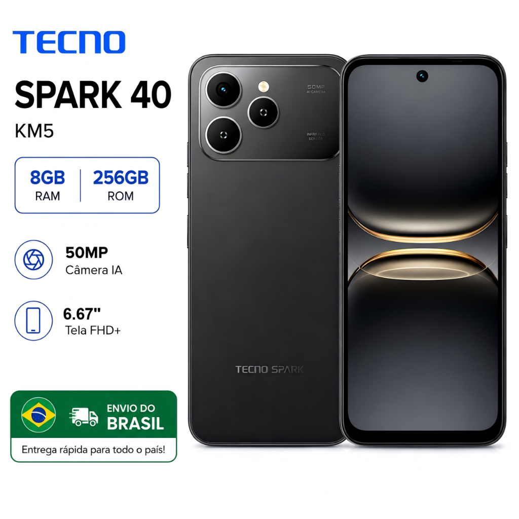 TECNO Spark 40 4G 120Hz Tela HD+ Desempenho Rápido Bateria Duradoura Smartphone