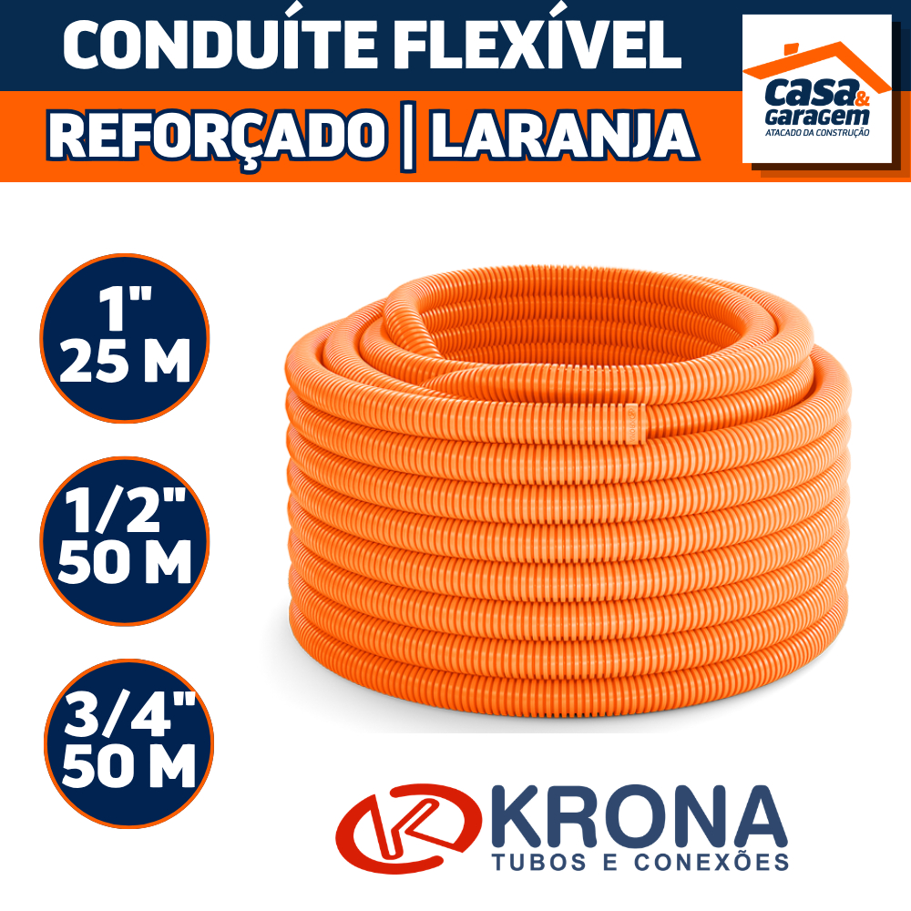 Eletroduto Corrugado Flexível Reforçado Laranja Conduite PVC 1'' 1/2'' 3/4'' Rolo 50M e 25M Krona