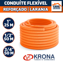 Eletroduto Corrugado Flexível Reforçado Laranja Conduite PVC 1'' 1/2'' 3/4'' Rolo 50M e 25M Krona