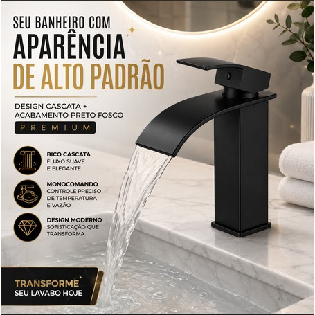 Torneira Monocomando Preta Fosca Cascata Para Lavatório Banheiro Moderna BM-F1385