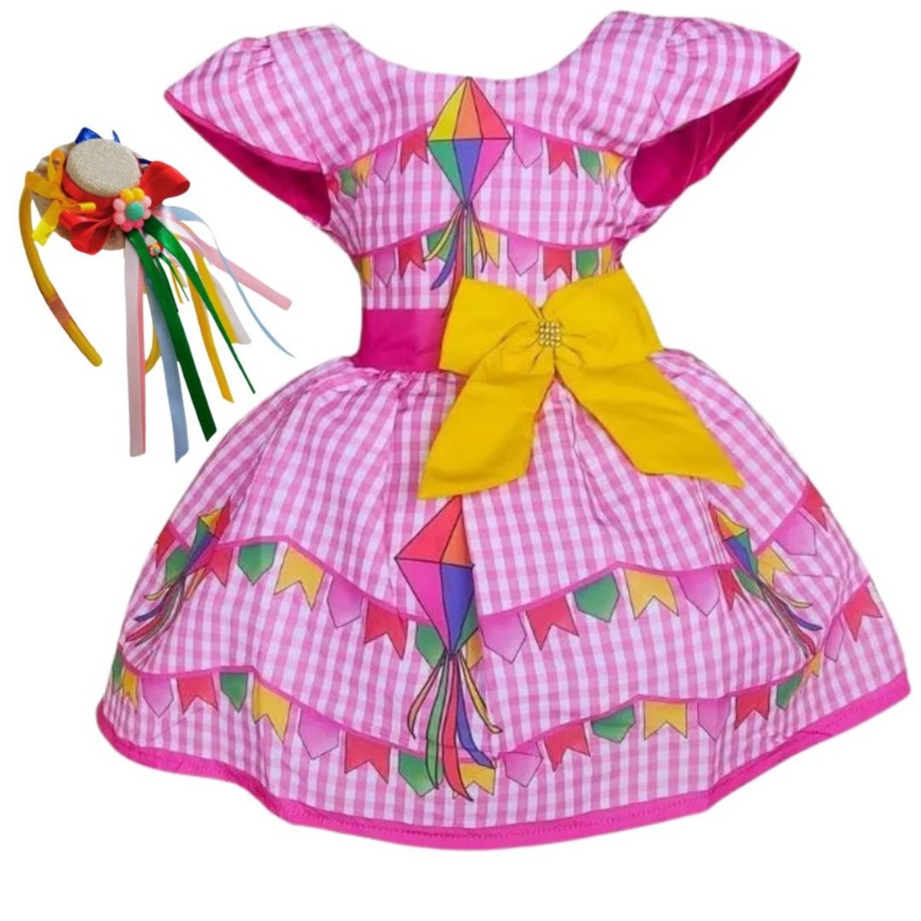 Vestido de Festa Junina Xadrez Caipira Quadrilha Arraiá Infantil Menina Luxo