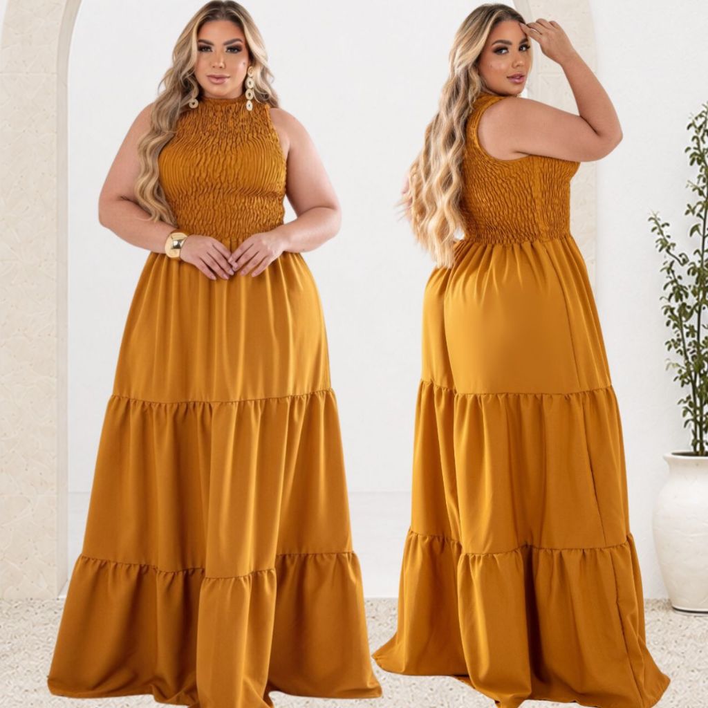 Vestido Longo Regata Cavada Plus Size Moda Maior Crepe Dunas .Vestido Longo Moda evangelica cristã