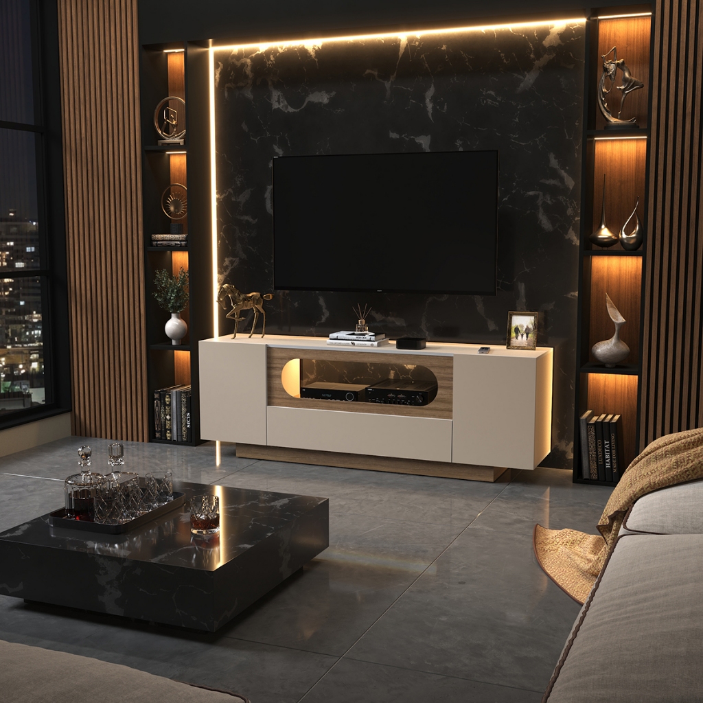 Rack Para TV Até 60 Polegadas Off White Nature LED 136cm 2 Gavetas 1 Nicho Circular Vazado Home Theater Sala MDF MDP