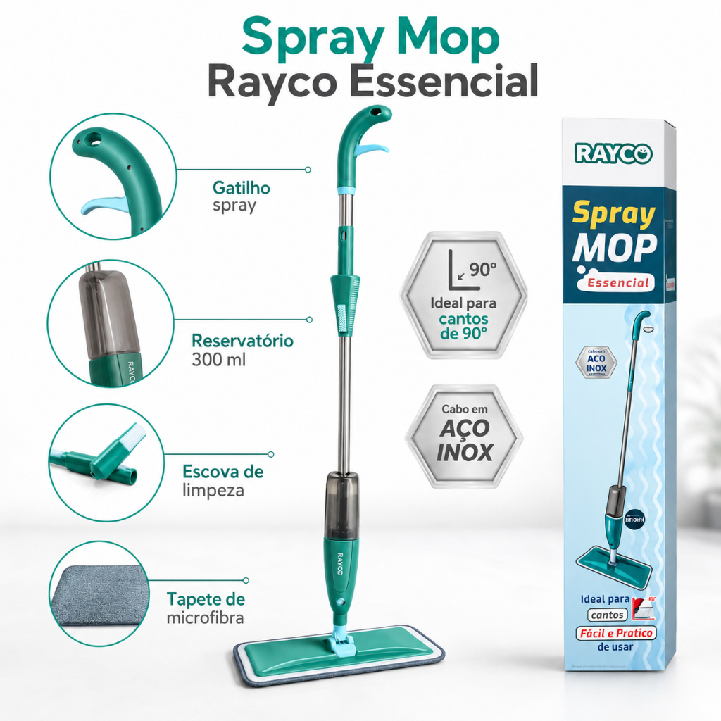 Mop Spray Essencial Rodo Limpeza Reservatorio 300ml Aço Inox Microfibra Verde Rayco