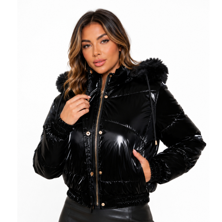 Jaqueta Puffer Cropped Feminina Metalizada Brilhosa