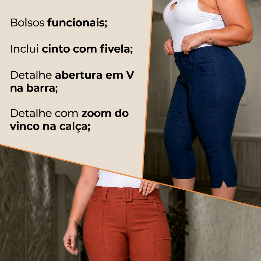 Calça Capri Feminino Plus Size Social Bengaline Com Cinto Fivela E Bolso Alfaiataria 42 ao 52 — imagem 2 de 2