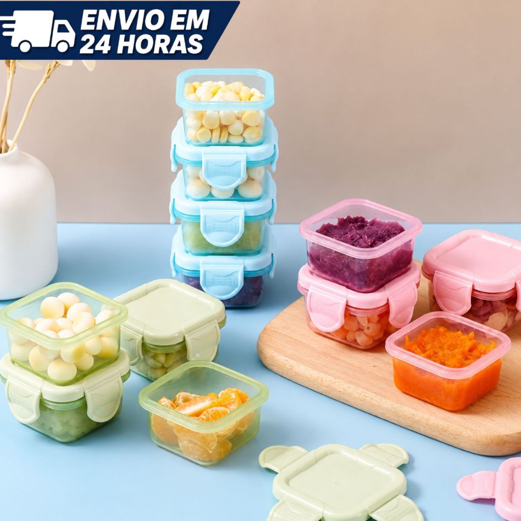 Mini Potes Congelar Papinha c/ Tampa Hermética Porta Leite em Pó Frutas Bebe Kit c/2/4/6/8
