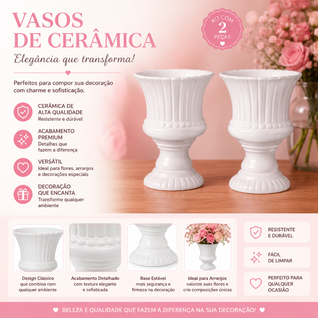 Kit com 2 Vasos Renda Grande Cerâmica Decoração Festas Vaso Torcido Charme Chá Revelação Frete Grátis