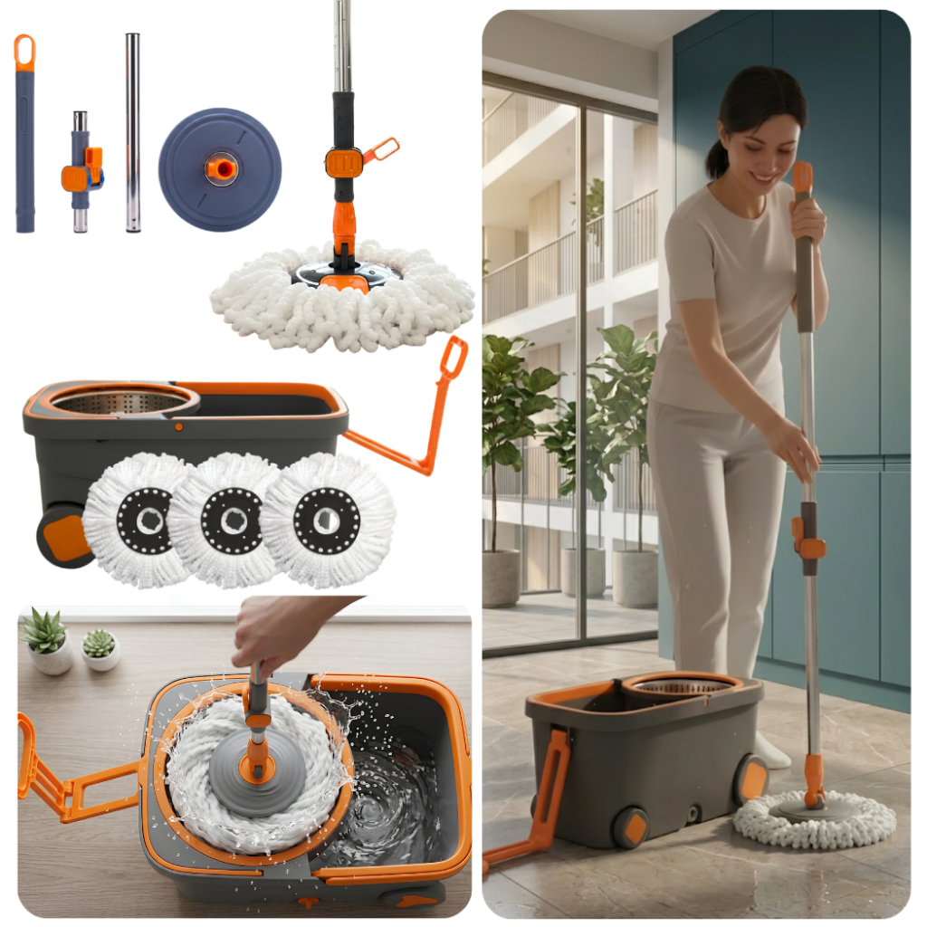 Mop Balde Esfregão Giratório Inox Grande 360 Cabo Retrátil Com Refil Extra Limpeza Eficiente