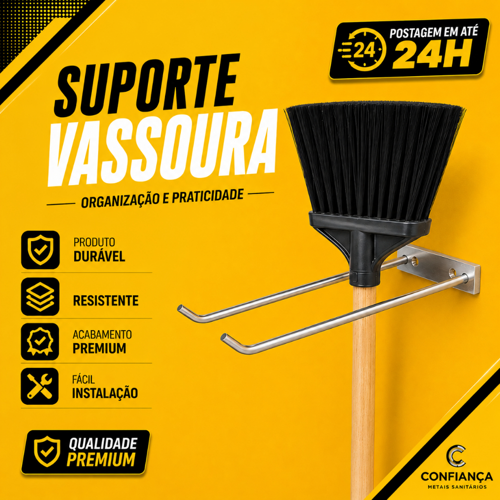 Suporte Para Vassoura Rodo Organizador Parede Ferramentas Metal Inox Dupla Fixação 20 Cm Cód. 1180