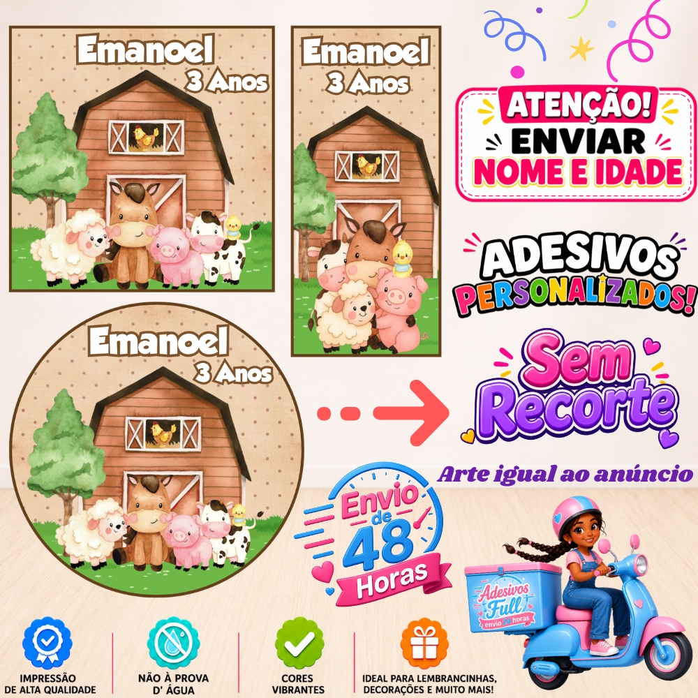 Fazendinha Marrom - 100/60/40 Adesivos Personalizados Lembrancinhas Festa Aniversário