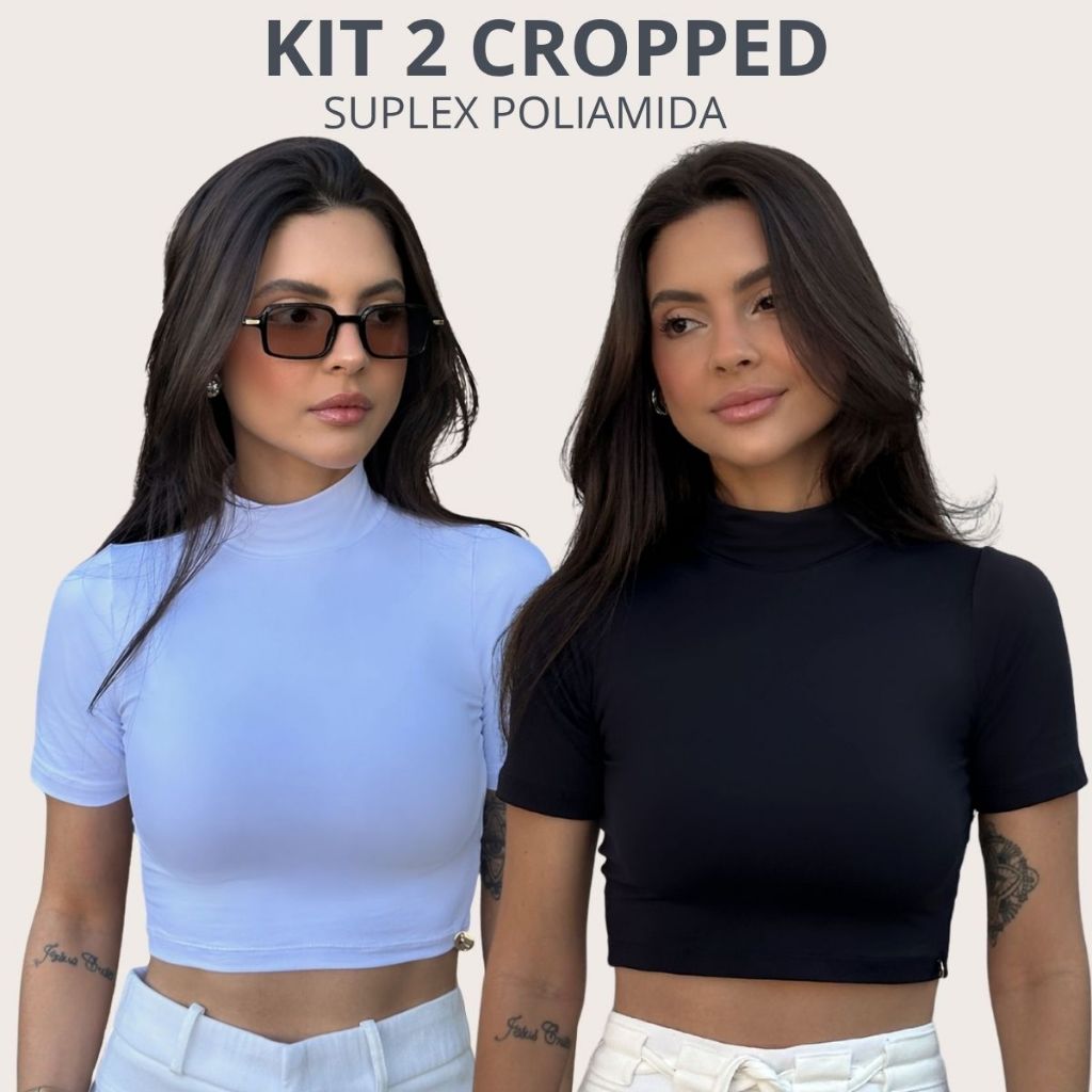 Kit 2 Cropped Gola Alta Manga Curta Balada Noite Slim Fit Versátil