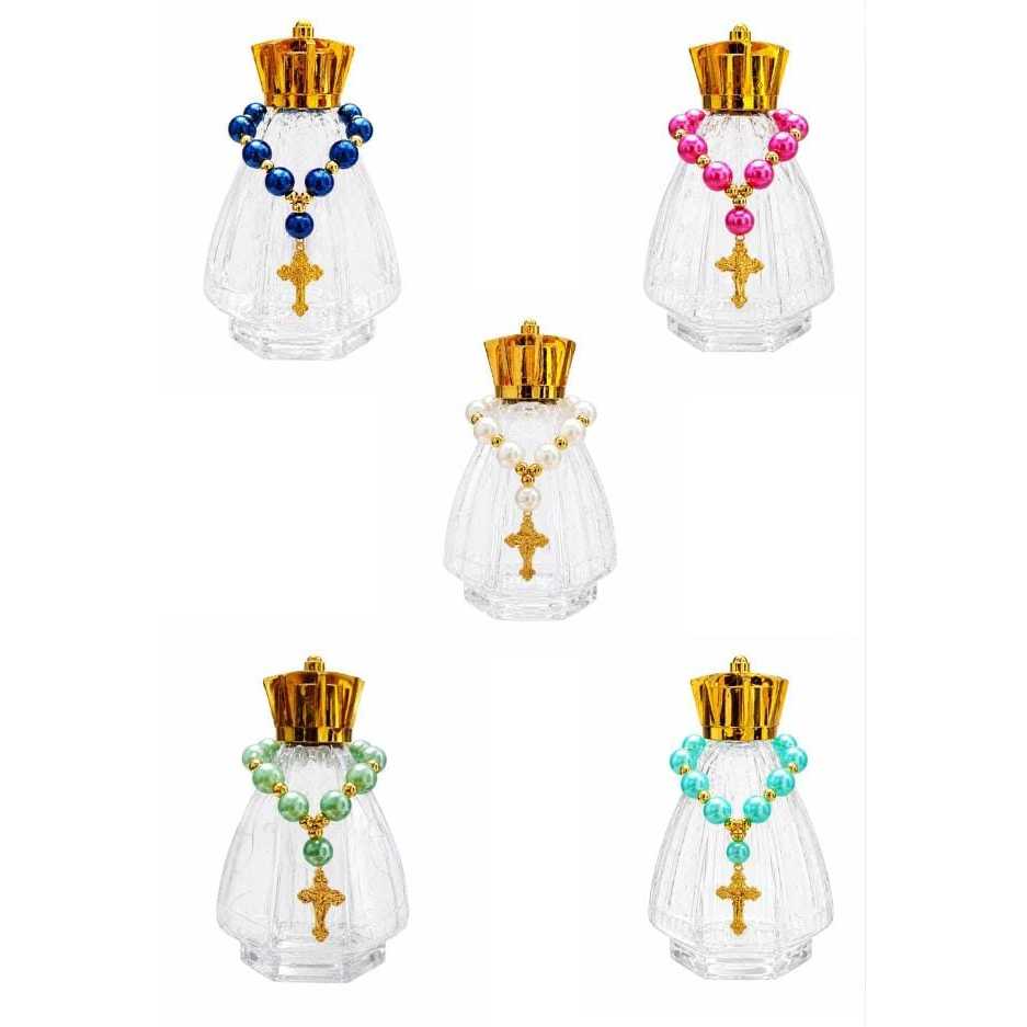 10 Frascos N. Sra Aparecida + 10 Mini Terços Pérola/Dourado - Lembrancinhas Religiosas