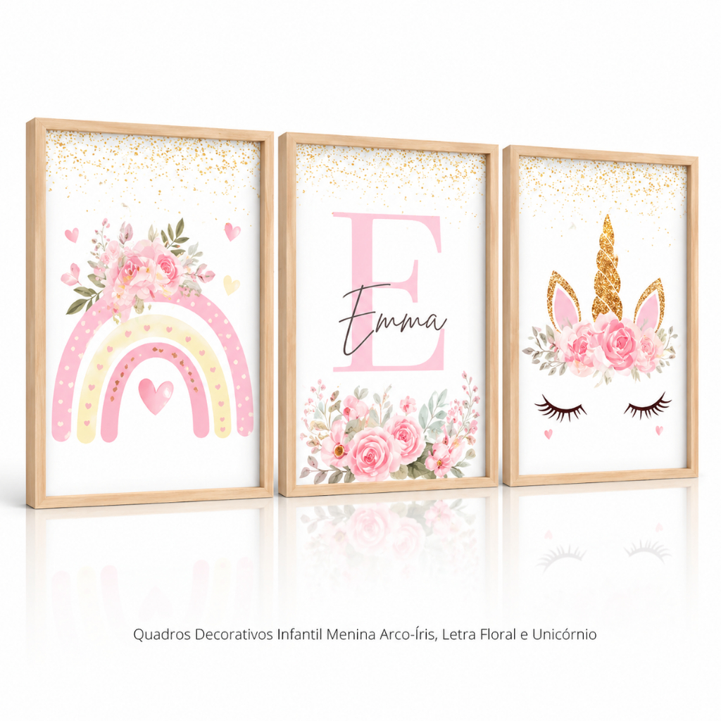 Kit 3 Quadros Decorativos Infantil Unicórnio Arco Íris Nome Personalizado Quarto Menina