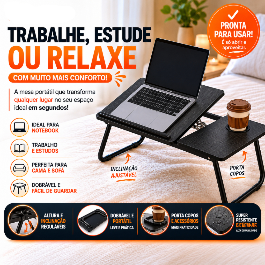 Mesa para Notebook na Cama Dobrável em Madeira, Portátil e Ergonômica, com Ângulo/Inclinação Ajustável