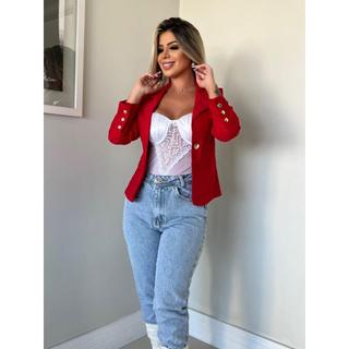Blazer Curto Bengaline com Botões na Manga Escritório Moda Evangélica Alfaiataria
