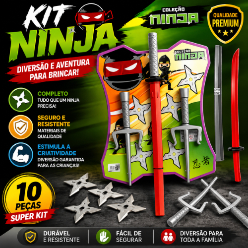 Kit Ninja Luxo 09 peças Deadpool: 01 Espada + 02 adagas + 01 máscara tecido + 05 estrelas papelão