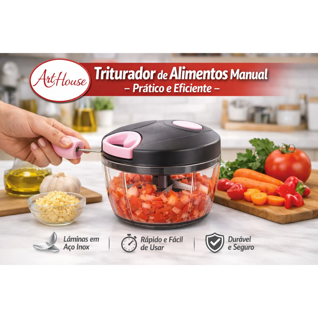 Mini Processador Manual com 3 Lâminas Utensílio de Cozinha Triturador de Alimentos como alho cebola