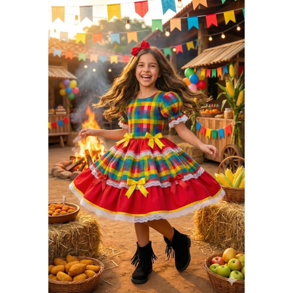 Vestido Junino Mimadine Luxo Priscila Vermelho Arraia Quadrilha