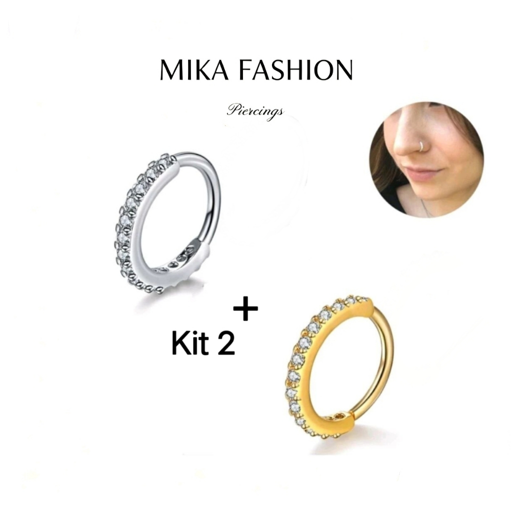 Kit 2 Piercing Nariz Cartilagem Argola Cravejado Strass 7mm