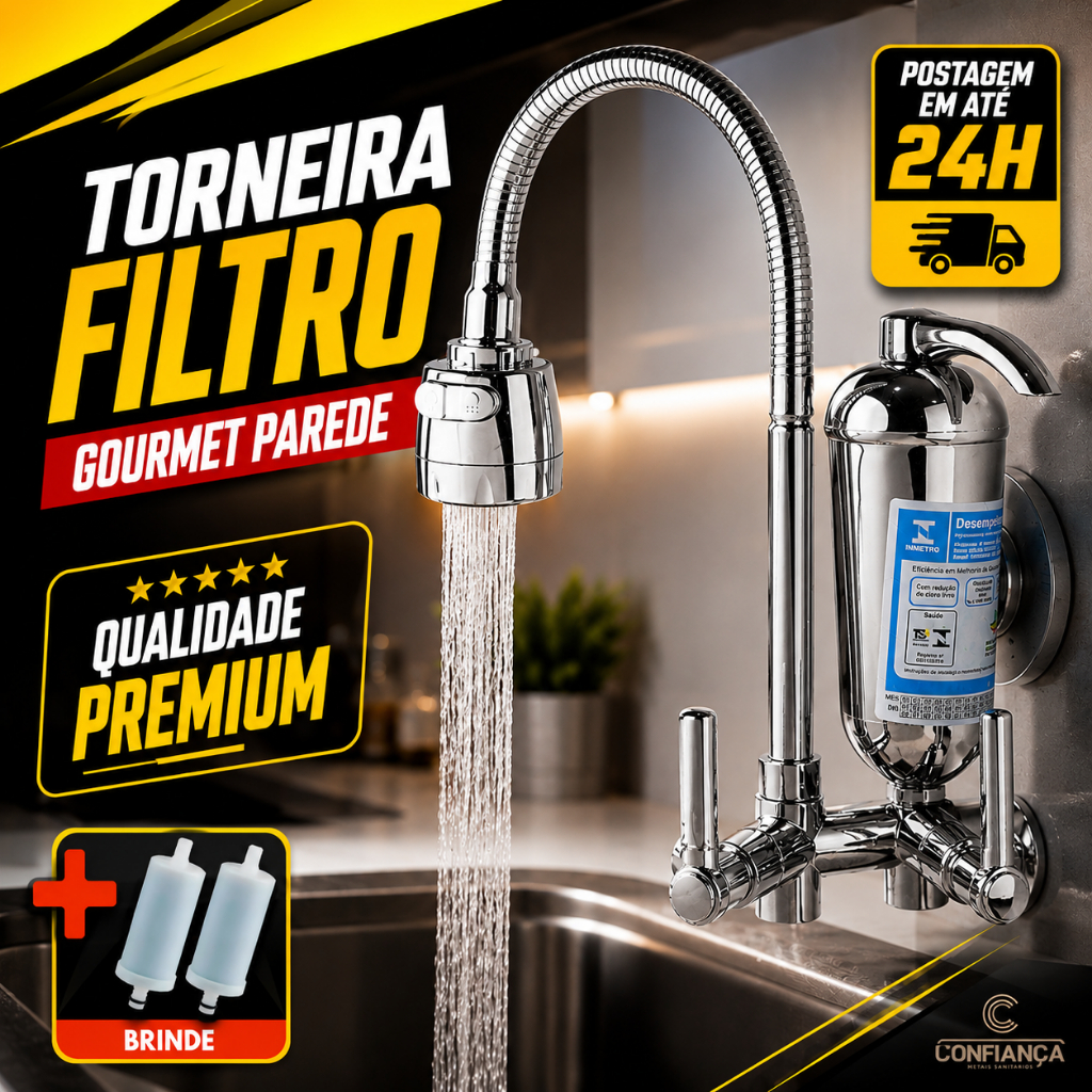 Torneira Gourmet Parede Cromado Com Filtro De Cozinha Luxo
