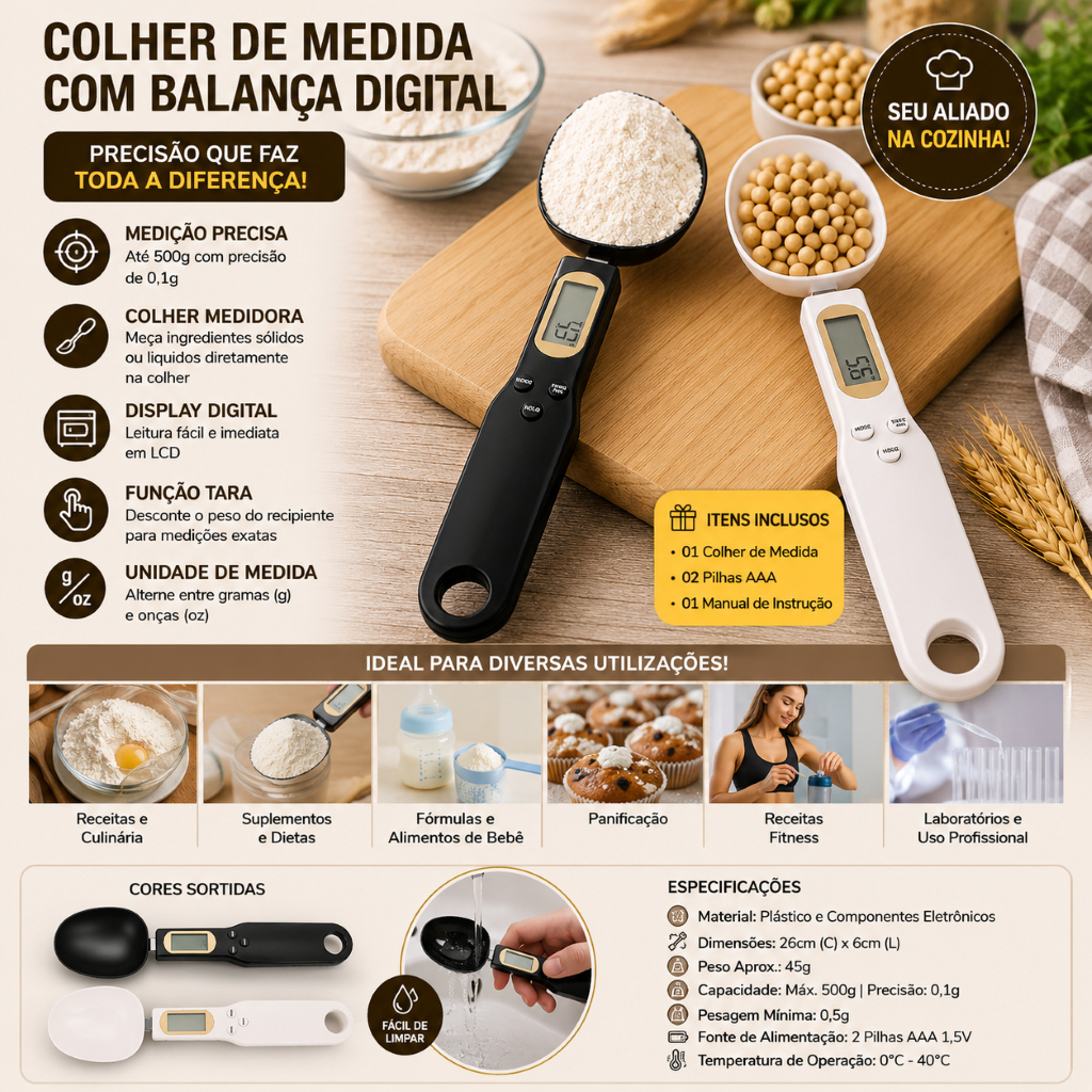COLHER DE MEDIDA COM BALANÇA  DIGITAL LCD MEDIDOR DE ALTA PRECISÃO Até 0,1g 500g