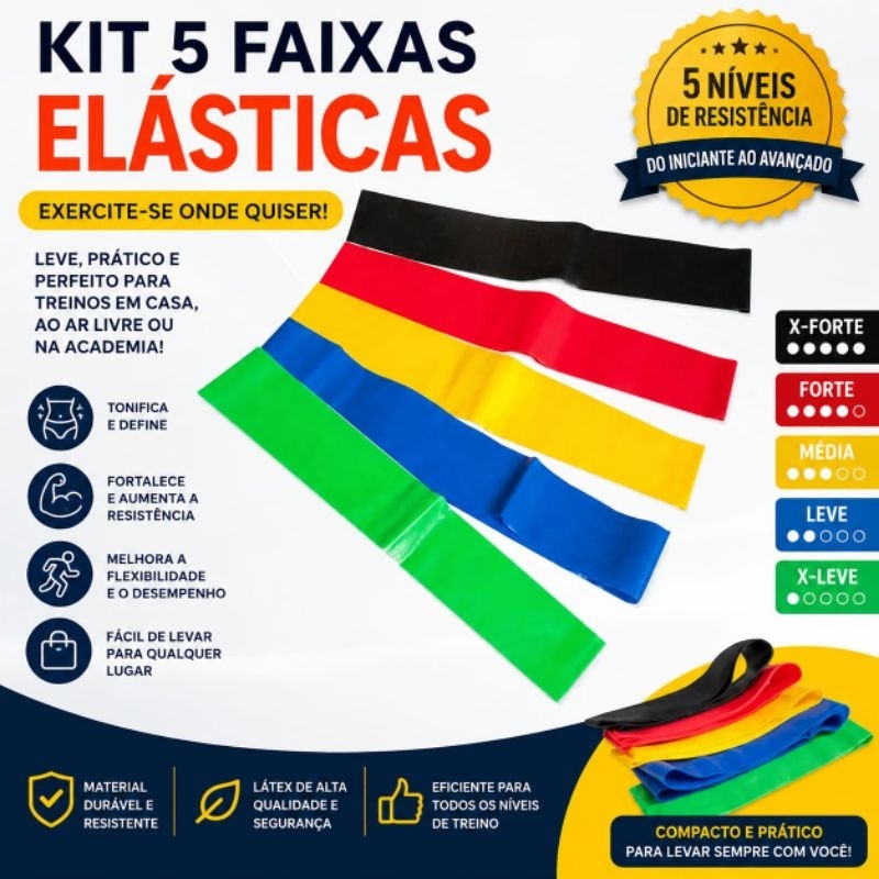 Kit 5 Faixas Elasticas de Mini Bands 5 Nives de Resistência para Treino em Casa, Glúteos,  Pernas, Academia Fitnes