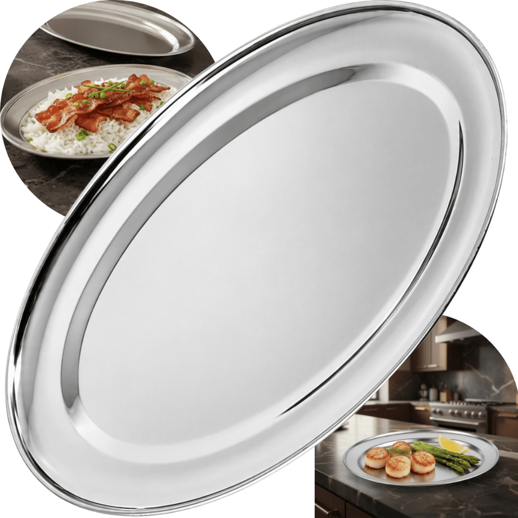 Travessa Oval Aço Inox Rasa 28,5 Cm Fina Bandeja Porções Cromada Servir Almoço Guarnição Parmegiana