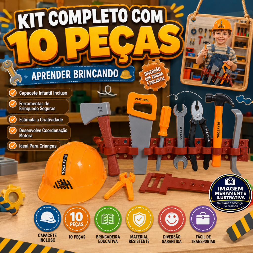Kit Ferramentas Infantil Com Cinto E Capacete Construtor Criança 10 Peças