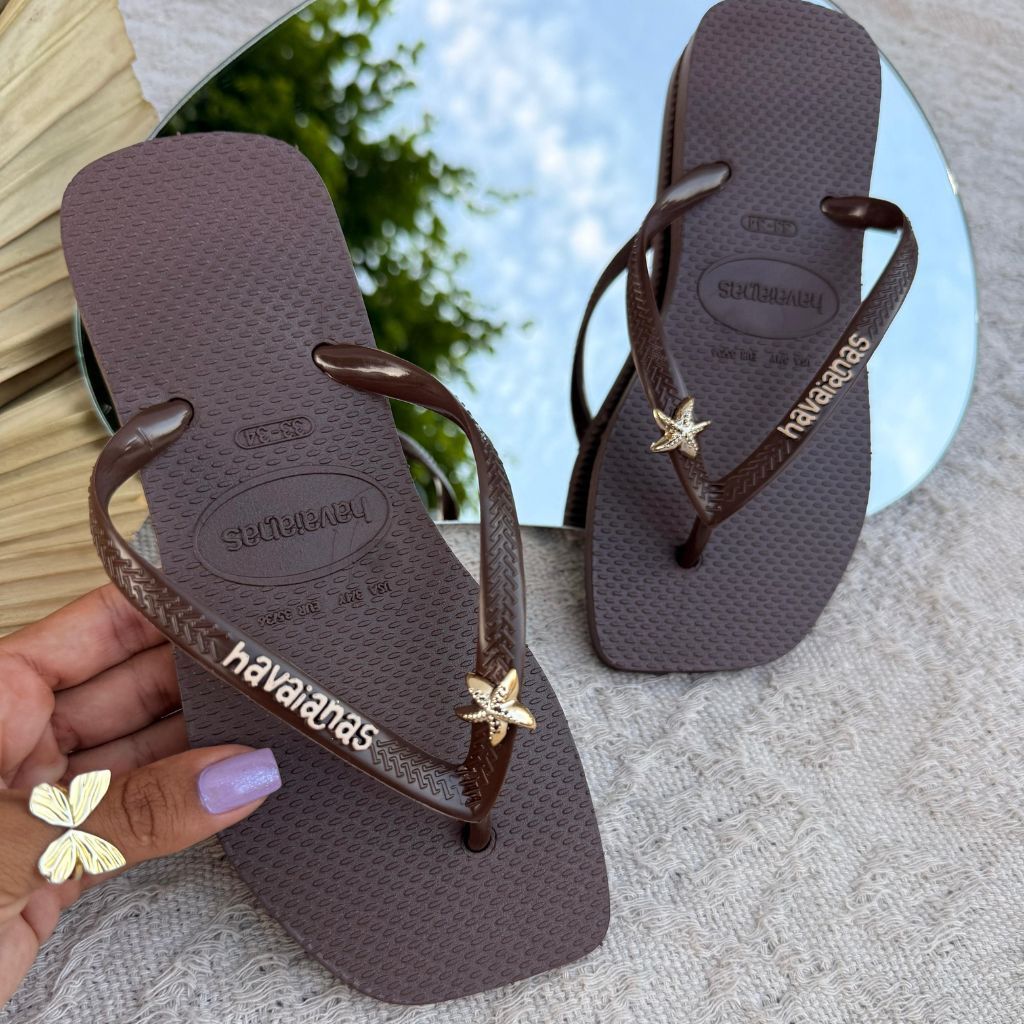 Chinelo Feminino Estrela do Mar e Coração Confortável Quadrado Praia Verão 33 ao 40