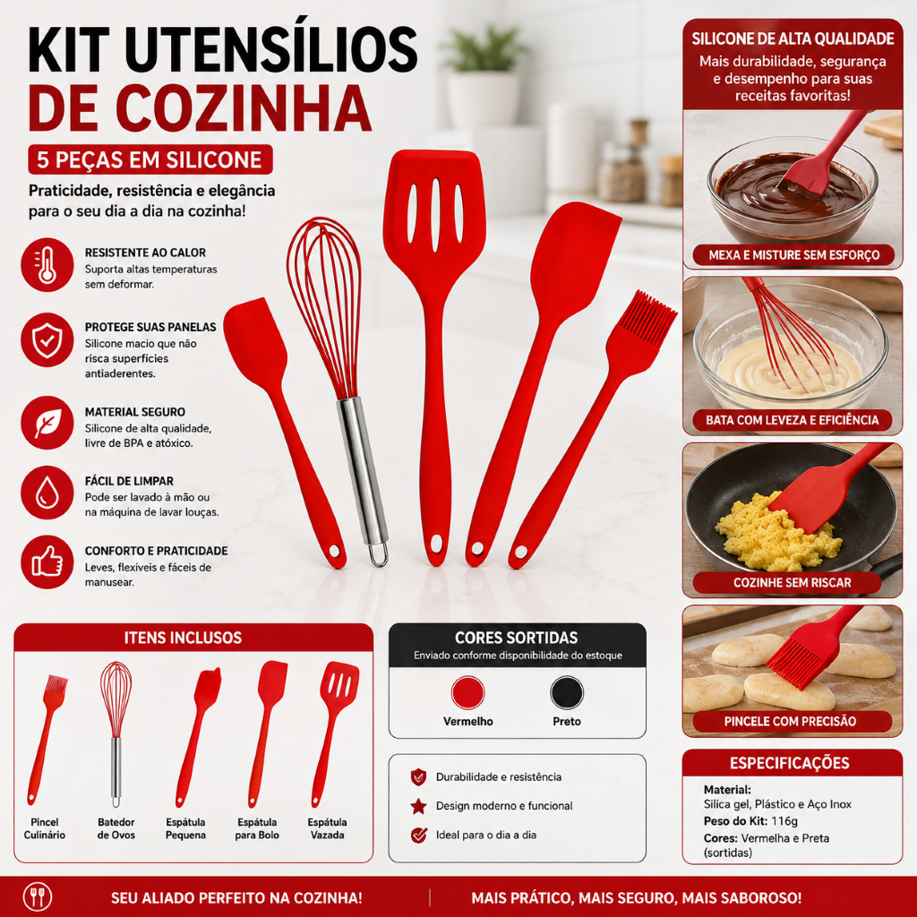 Kit Utensilios Silicone Cozinha Resistente Flexivel Antiaderente 5 Pecas Multiuso Colorido