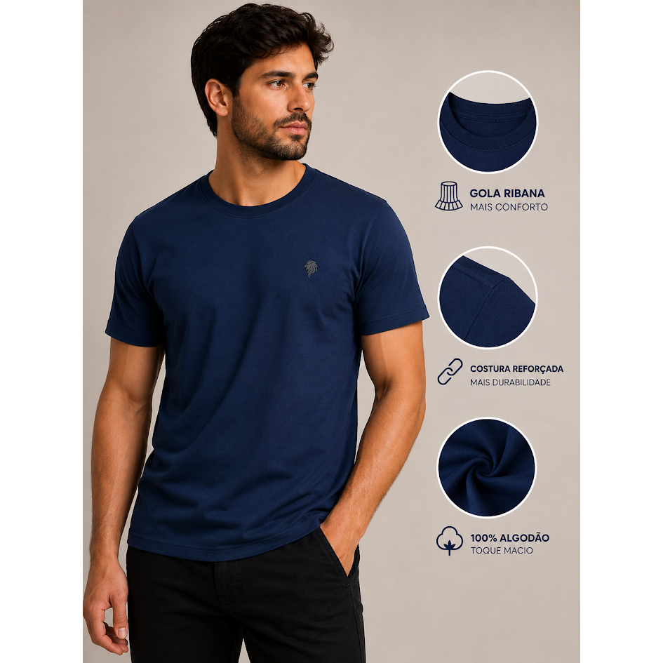 camiseta masculina básica lisa 100% algodão gola redonda premium costura reforçada