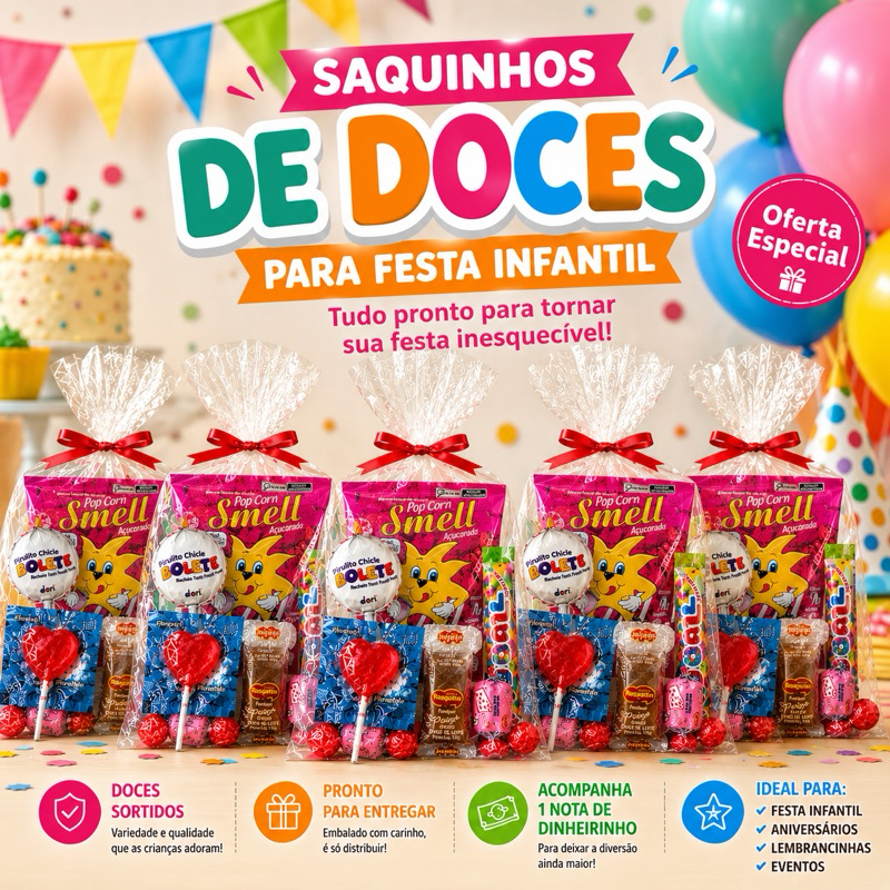 Kit Saquinhos com Doces Prontos | Lembrancinha Festa Infantil, Aniversário e Eventos