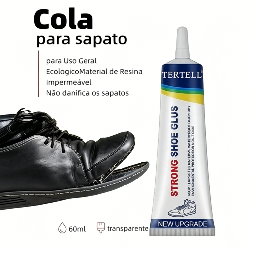 Cola transparente,forte e inodora para reparo de calçados, 60ml. Indicada para solas, saltos e consertos de bolsas/malas