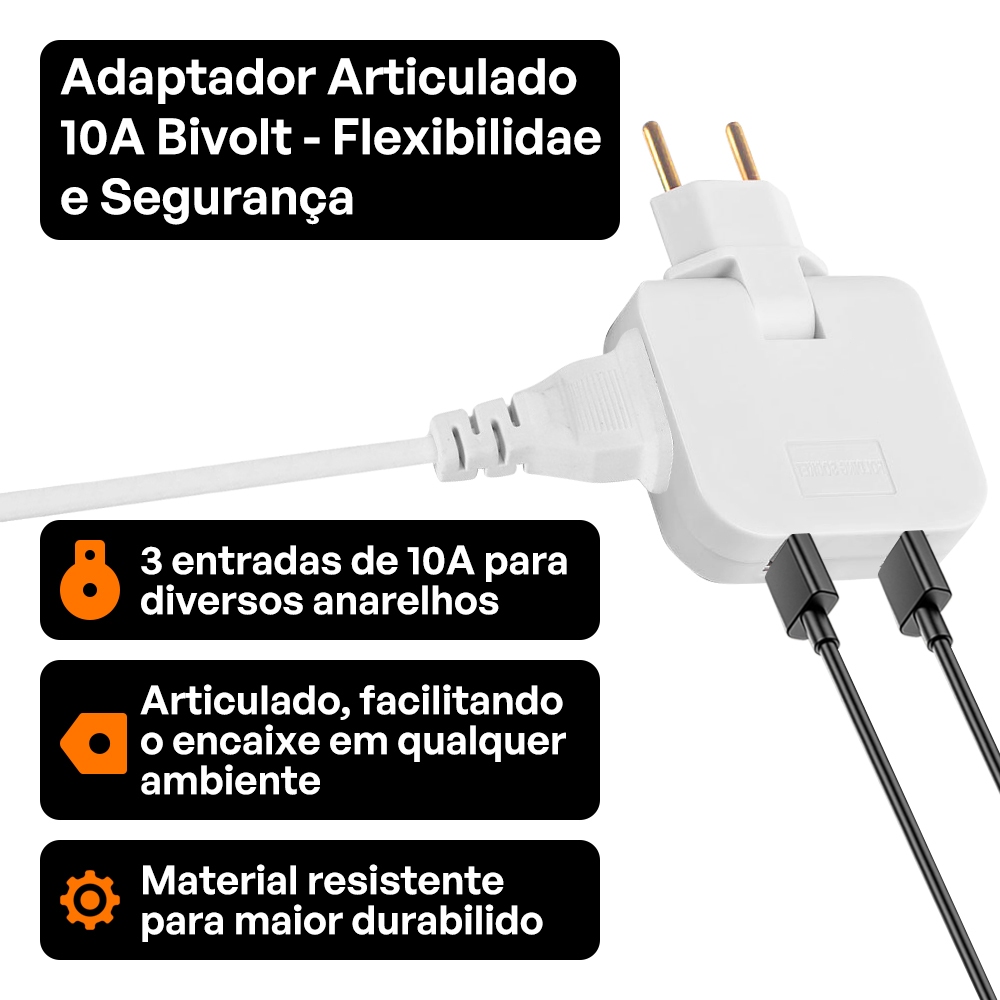 Detalhes do Adaptador de Tomada 10A Dobrável Articulado Benjamin 2 Entradas + 1 USB Tipo C Portátil com 2TOMADAS Portas USB-C