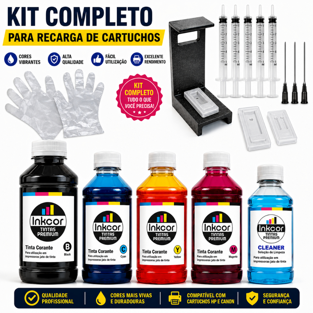 Kit Recarga Cartucho Inkcor 667 668 664 60 92 Compatível com Impressora HP 2774 2975 2776 2376 6476
