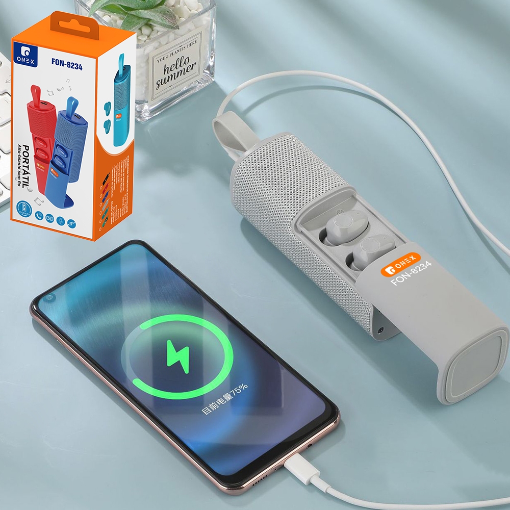 ONEX Caixa de Som Bluetooth Portátil + Fone TWS Sem Fio + Power Bank 3 em 1 Alto Falante Mini Recarregável para Celular